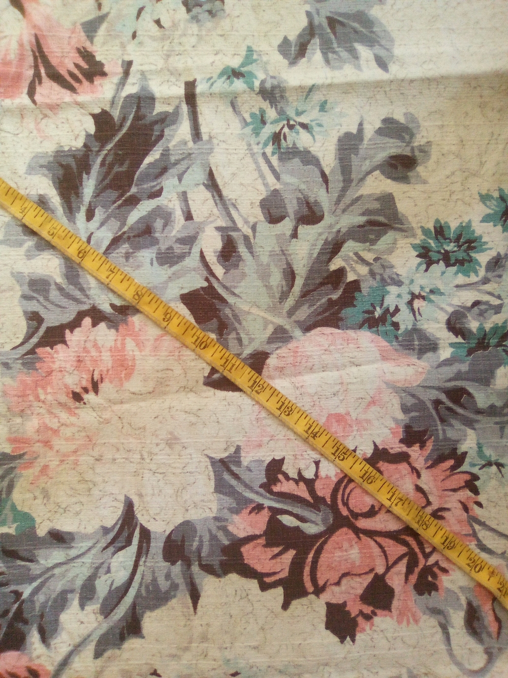 Vintage Barkcloth Panel SHABBY FADED PINK ROSE FLORAL FABRIC